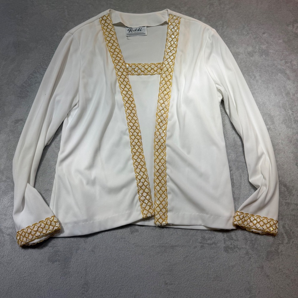 Vintage White Gold Sequin Trim Layered Cardigan Top Teddi of California 80s 90s‎